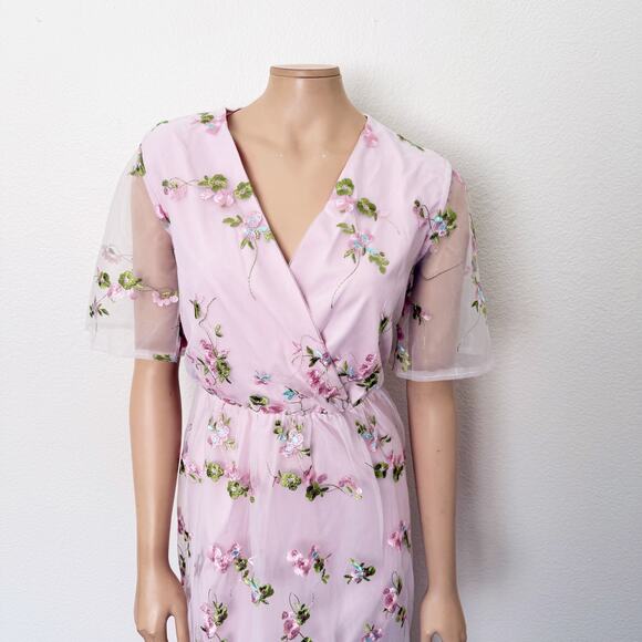 [Shein] Light Pink Floral Embroidered V-Neck Mesh Maxi Dress Wedding NEW Size XL - Picture 4 of 12